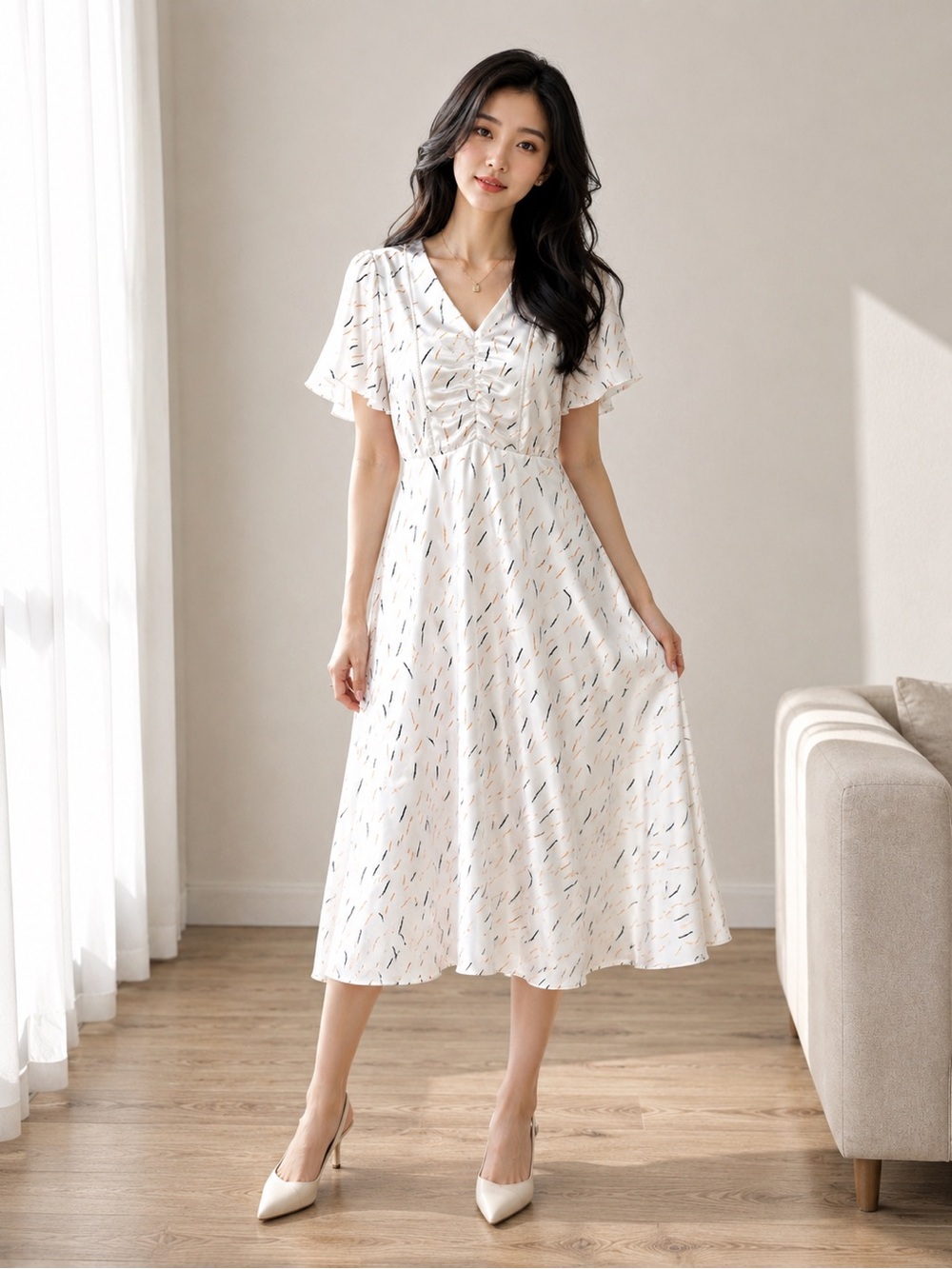 FANSILANEN Women’s White Satin Ruched V-Neck Printed Midi Dress